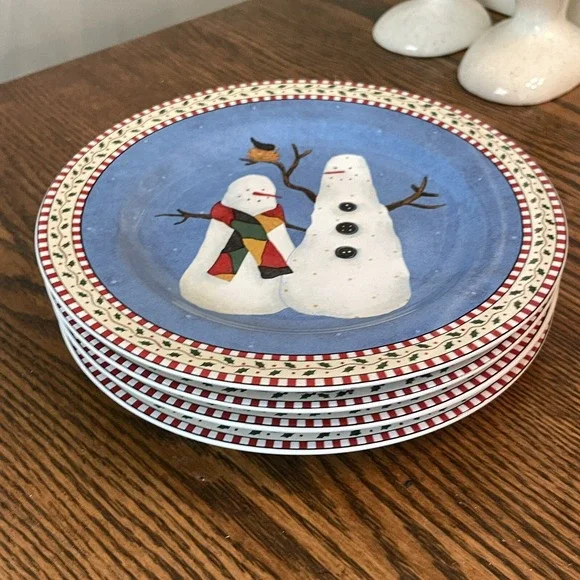 Sakura Snowman Debbie Mumm Set- 4 Christmas 8 1/4" Lunch Salad Plates Stoneware - Picture 2 of 11
